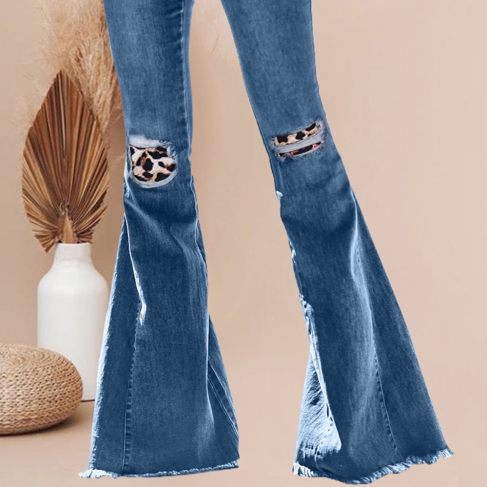 Bell Bottom elastic waist jeans with leopard patchwork